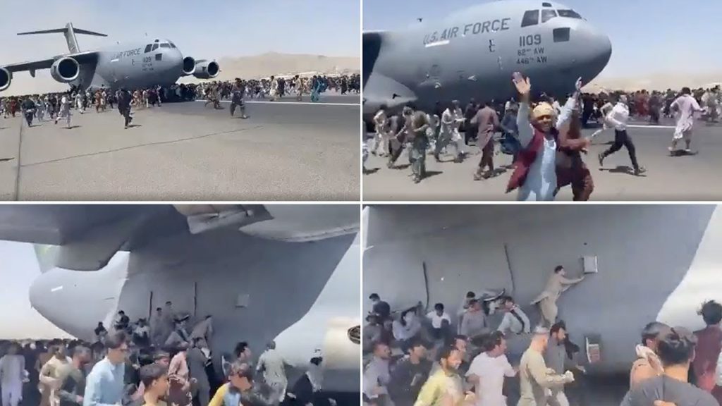 Em agosto de 2021, civis afegãos invadiram o Aeroporto de Cabul, tentando fugir do regime do Talibã. Tripulações da USAF tiveram que atuar para retirar civis e militares de Cabul. Fotos: Via Redes Sociais.