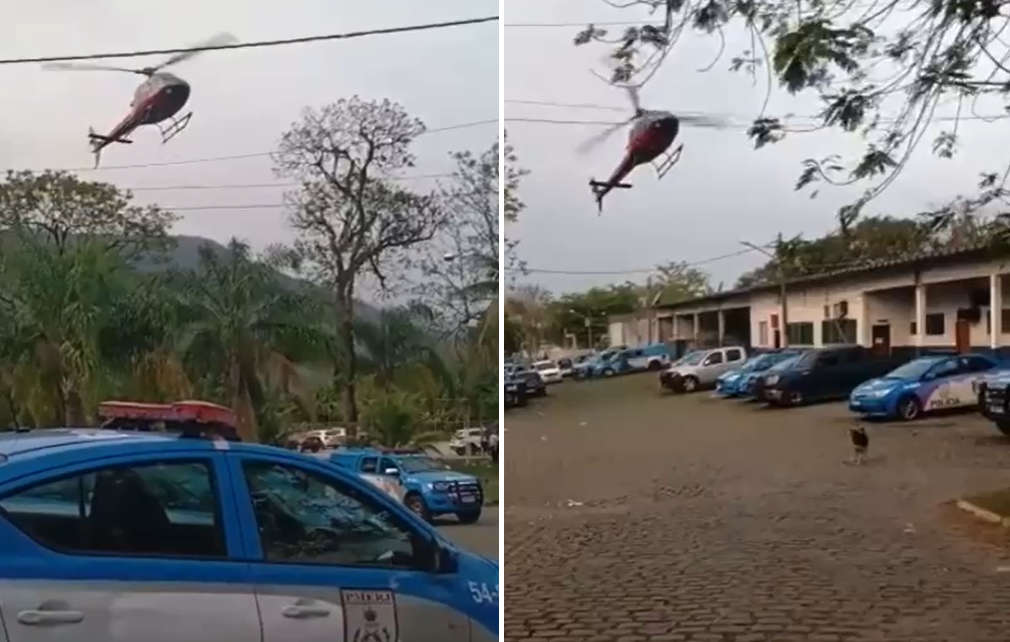 Piloto de helicóptero é rendido no ar por bandidos no Rio. Print do vídeo do AS350 sobre o 14º BPM (Foto: Reprodução).