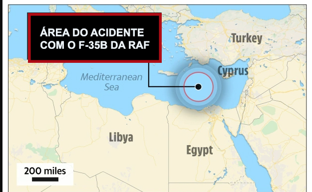Acidente com F-35B da RAF no Mediterrâneo. Local do acidente (Foto: RFA).