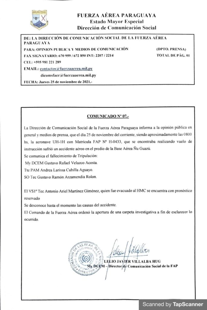 Comunicado oficial da Força Aérea Paraguaia (Fonte: FAP).
