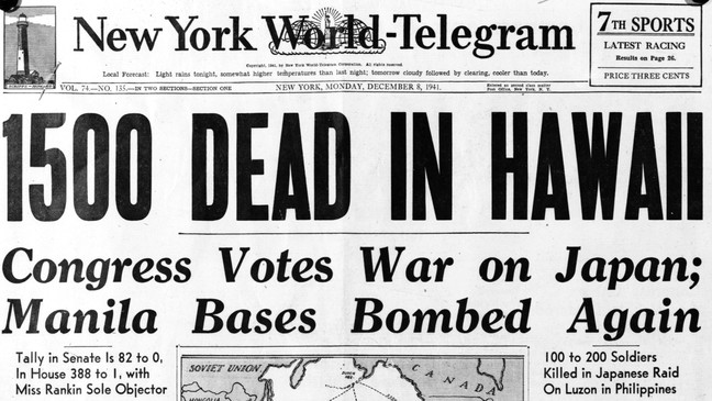 Jornal de 8 de dezembro de 1941, relada os ataques japoneses ao Havaí e as Filipinas (Foto: reprodução). 