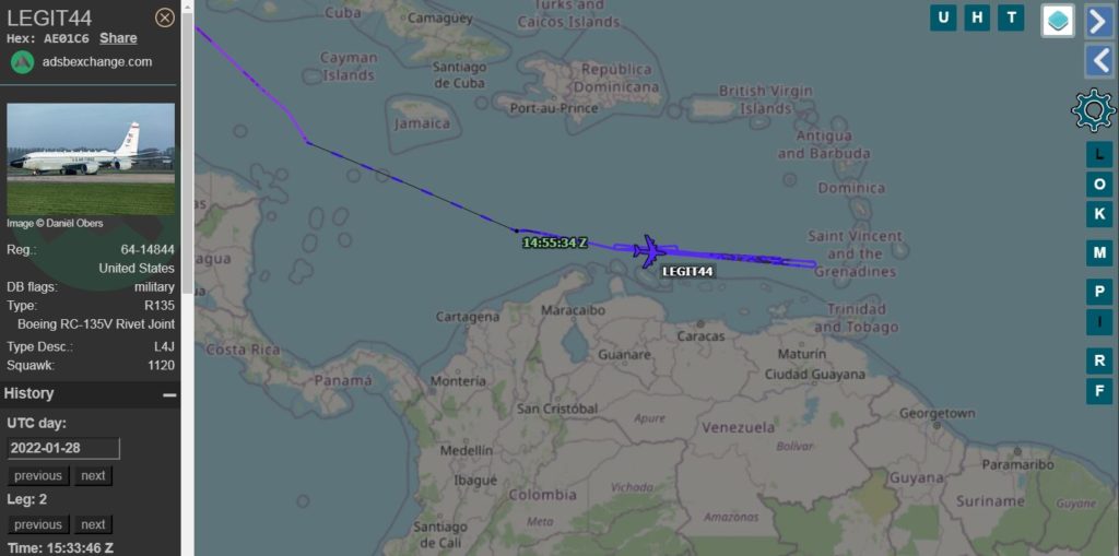 O "LEGIT44" permaneceu quase seis horas na costa norte venezuelana (Fonte: ADS-B Exchange).