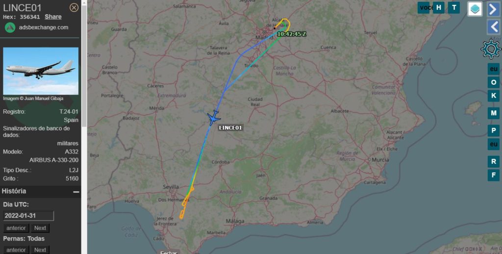 Força Aérea Espanhola segue em busca da certificação do seu Airbus A330 (Fonte: ADS-B Exchange).