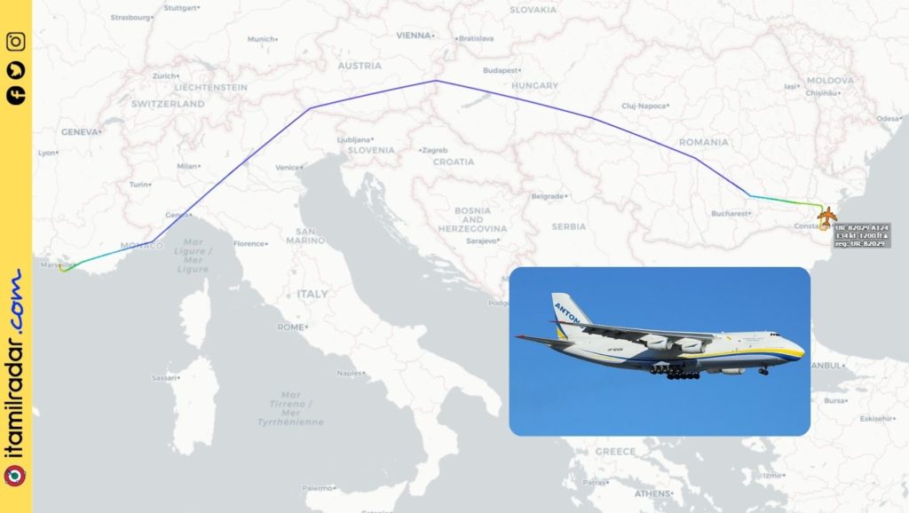 No dia 1º de março, o An-124 da Antonov (UR-82029) voou entre a França e a Romênia (Fonte: Itamilradar).