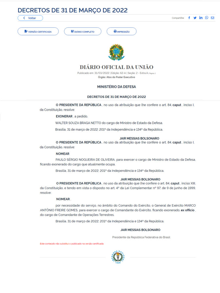 Brasil tem novo Ministro da Defesa. Decreto do DOU referente a troca de comando no MD (Foto: DOU).