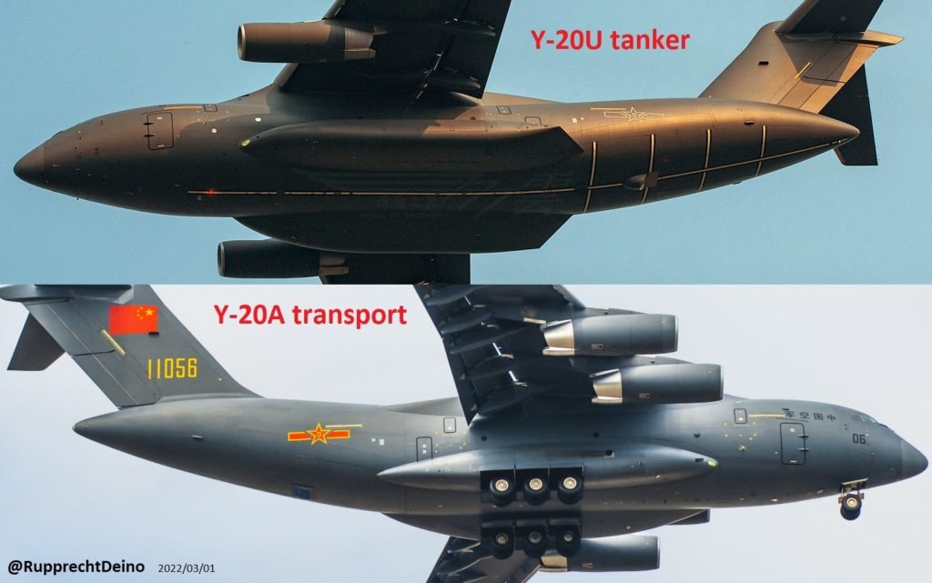 Diferenças no design da carenagem dos trens de pouso principais do Y-20U REVO e Y-20A de transporte (Fonte: via Weibo).