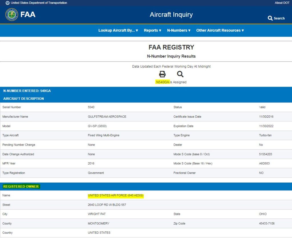 Al consultar el sitio web de la FAA, se muestra que el avión pertenece a la USAF (Fuente: FAA).