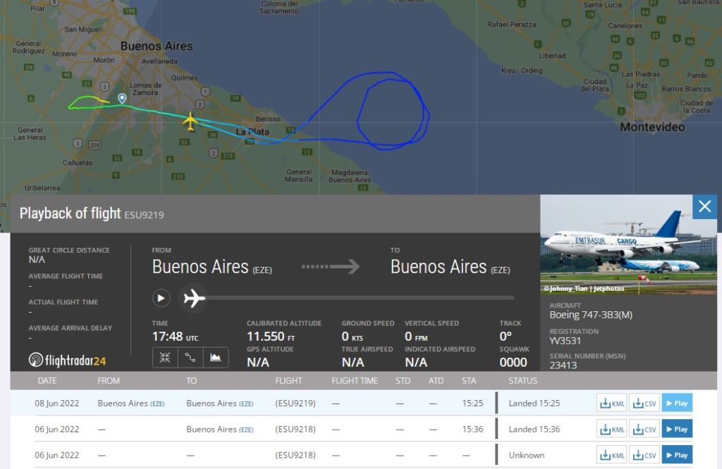 Registro do voo ESU 9219, quando teve o acesso ao espaço aéreo uruguaio negado em 08 de junho (Fonte: FR24).