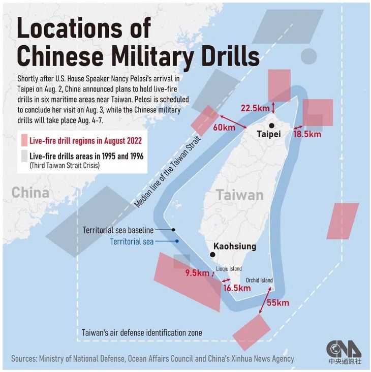 A agência de notícias estatal de Taiwan CNA produziu um infográfico comparando os exercícios chineses em 1996 com as escaladas em 2022 (Fonte: CNA).