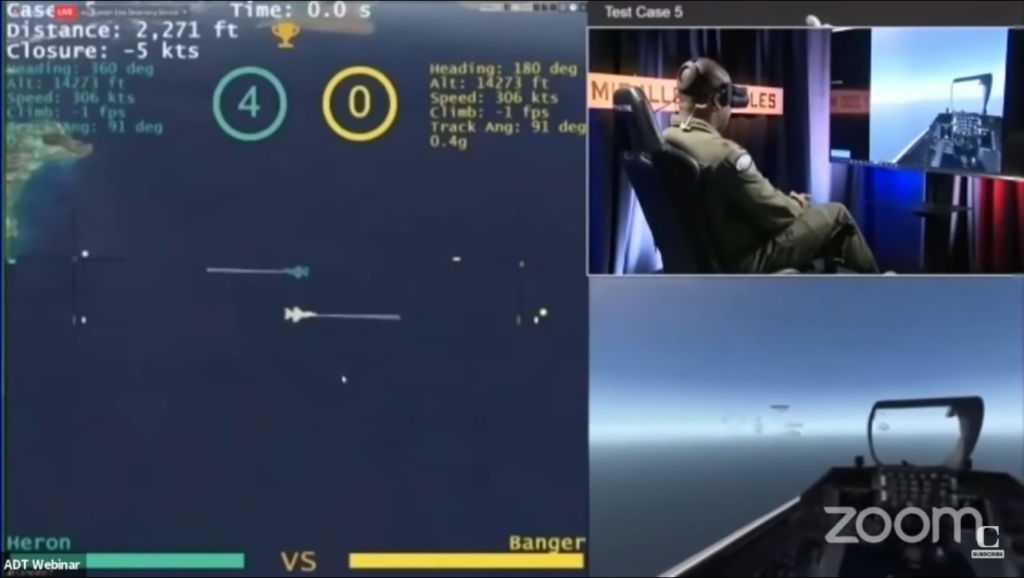 Piloto Humano versus Piloto IA — quem venceu?. Teste virtual de dogfight, feito pela DAPA em 2020. O piloto virtual de F-16 está vencendo por 4x0 o piloto humano. Este duelo terminaria 5x0 (Foto: DAPA).