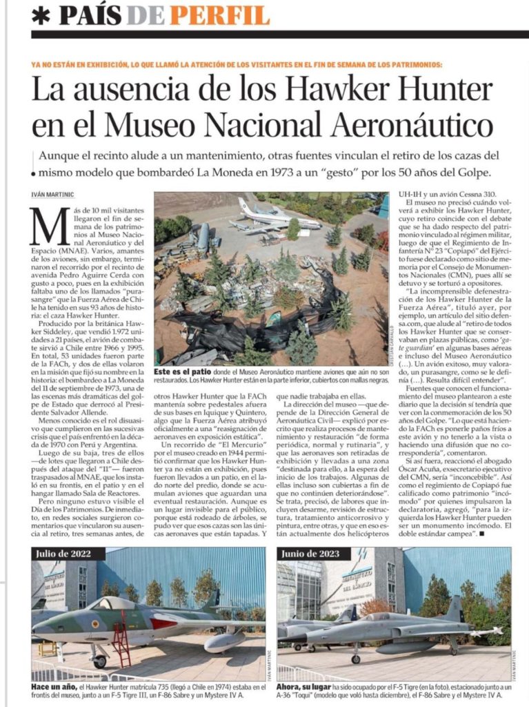 Reportagem mostrando que o Museu de Aeronáutica de Santiago escondeu os Hunter (Fonte: jornal El Mercúrio)