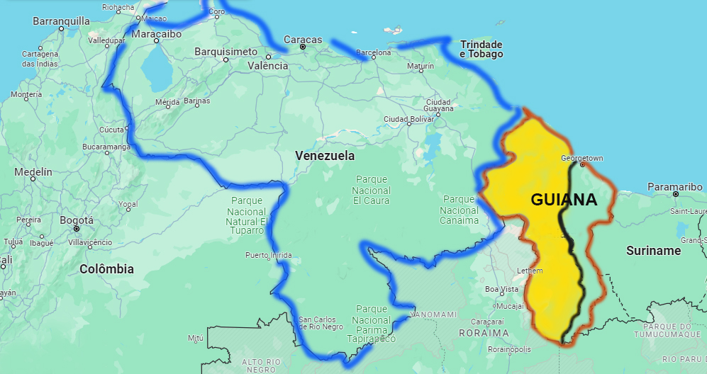 Disputa territorial Venezuela x Guiana. Área em amarelo é a pleiteada pela Venezuela de Maduro. Linha em preto é o Rio Essequibo. Arte: RFA.