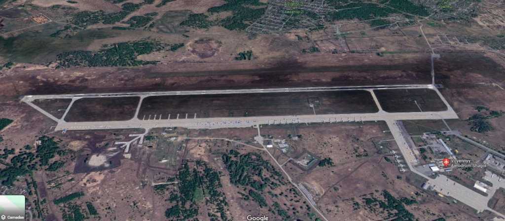 Su-34 foi incendiado no aeroporto de Chelyabinsk. Vista do Aeroporto de Shagol, localizado perto da cidade russa de Chelyabinsk, onde o Su-34 teria sido sabotado. Foto: Google Maps.