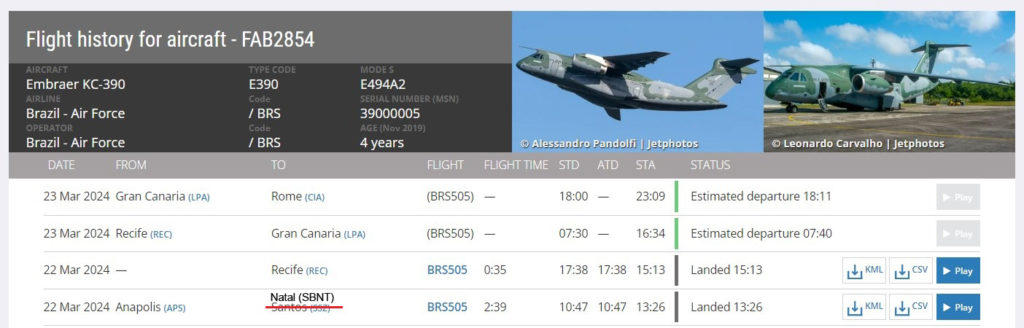 No registro de voo do Flight Radar 24, o KC-390 FAB 2854 fará uma escala em Roma, na Itália, antes de seguir para Israel (Fonte: FR24).