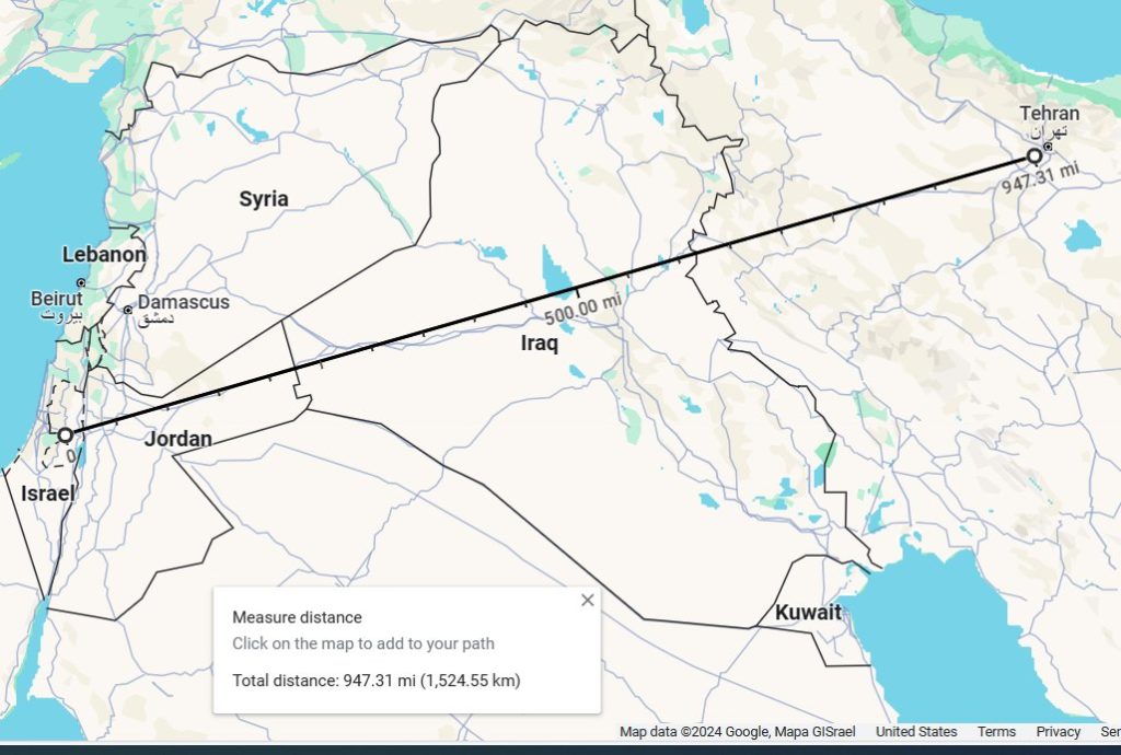 Mapa mostra a distância percorrida pelos mísseis e drones do Irã até Israel. Arte: Fábio Fonseca.