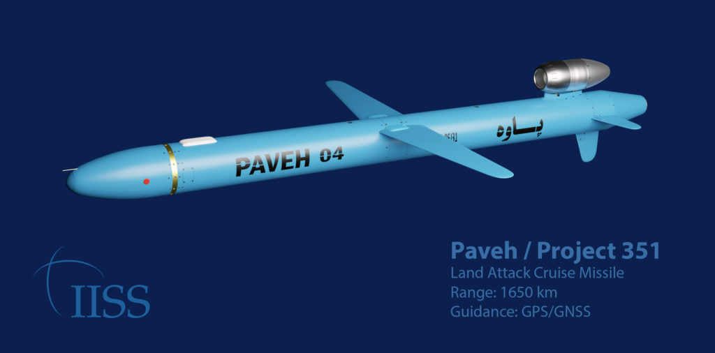 Que tipo de míssil de cruzeiro o Irão está a utilizar no seu ataque a Israel? O candidato mais provável é o Paveh/351 desenvolvido pelo IRGC, que tem alcance para atingir Israel a partir do Irã. Foto: IISS.